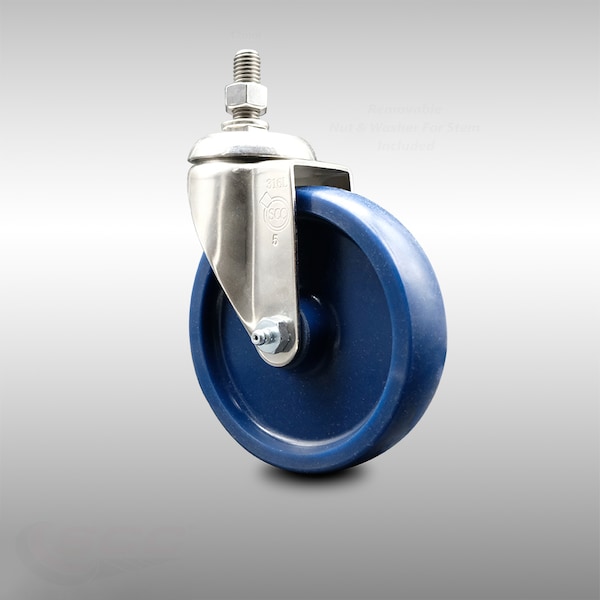 5 Inch 316SS Solid Polyurethane Wheel Swivel 12mm Threaded Stem Caster SCC